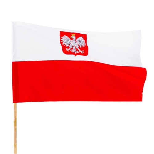 bandera RP 160x100 cm, drukowana flaga RP z godłem, czerwony pas i godło nadrukowany, brak szwu pośrodku, na lewym boku tunel 4,5 cm na płasko zaszyty od góry, ekspozycja na drewnianym drzewcu