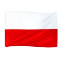 drukowana flaga RP 160x100 cm, czerwony pas nadrukowany, brak szwu pośrodku, lewy bok wzmocniony taśmą, nabite 2 metalowe nierdzewne oczka, ekspozycja na stojaku flagowym