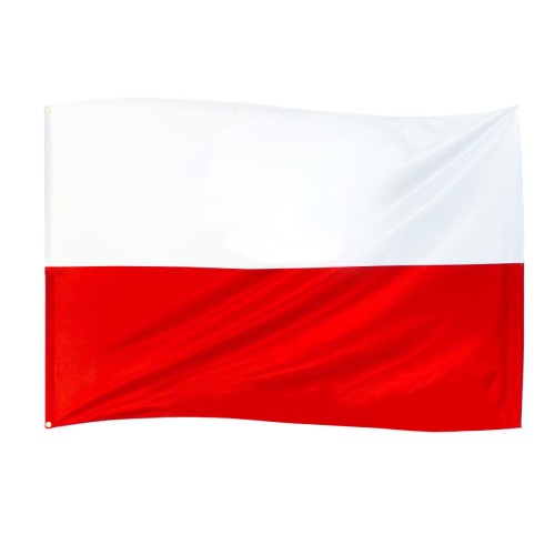 drukowana flaga RP 160x100 cm, czerwony pas nadrukowany, brak szwu pośrodku, lewy bok wzmocniony taśmą, nabite 2 metalowe nierdzewne oczka, ekspozycja na stojaku flagowym