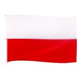 drukowana flaga RP 200x125 cm, czerwony pas nadrukowany, brak szwu pośrodku, lewy bok wzmocniony taśmą, wszyte 3 uszka z taśmy, w nich 3 plastikowe karabinki, na dole uszko z D-Ringiem, ekspozycja na maszcie flagowym
