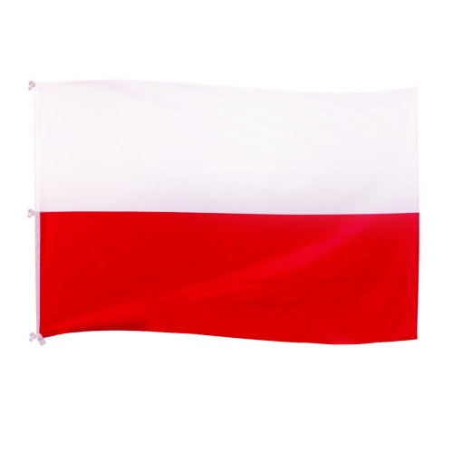 drukowana flaga RP 200x125 cm, czerwony pas nadrukowany, brak szwu pośrodku, lewy bok wzmocniony taśmą, wszyte 3 uszka z taśmy, w nich 3 plastikowe karabinki, na dole uszko z D-Ringiem, ekspozycja na maszcie flagowym