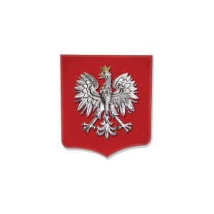 ORZEŁ SREBRNY 21x23 cm NA TARCZY PLEXI CZERWONEJ 30x35 cm