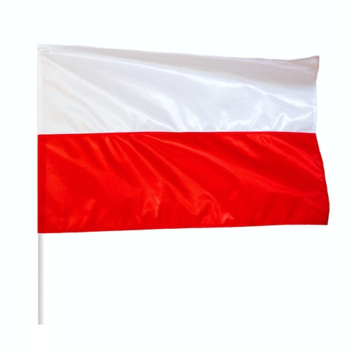 zszywana flaga RP 160x100 cm, dwa pasy zszyte szwem krytym francuskim, na lewym boku tunel 4,5 cm na płasko zaszyty od góry, ekspozycja na drewnianym drzewcu