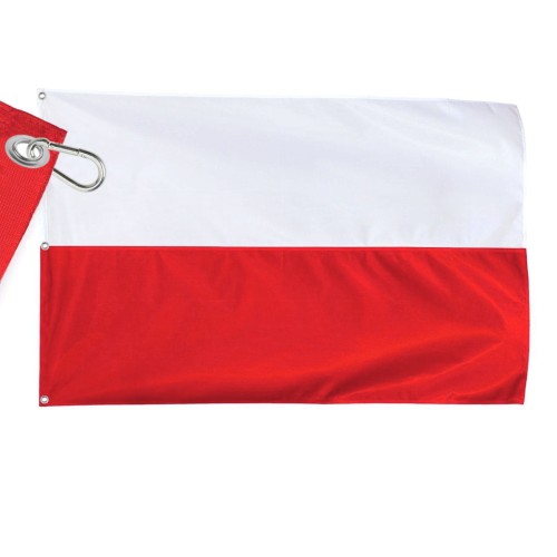 drukowana flaga RP 160x100 cm, czerwony pas nadrukowany, brak szwu pośrodku, lewy bok wzmocniony taśmą, nabite 3 metalowe nierdzewne oczka, w nich 3 karabinki stalowe INOX, ekspozycja flagi na maszcie flagowym