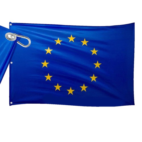 drukowana flaga UE 160x100 cm, dzianina poliestrowa, brzegi podwójnie stębnowane nićmi w kolorze flagi, lewy bok wzmocniony taśmą, nabite 3 metalowe nierdzewne oczka, w nich 3 karabinki stalowe INOX, ekspozycja na maszcie flagowym