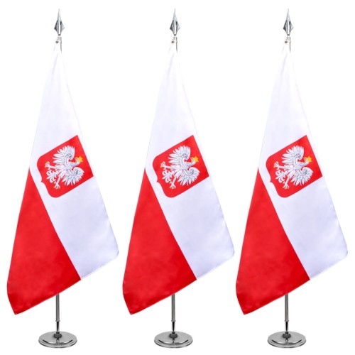 satynowa sztandarowa bandera RP, flaga RP z godłem, 155x95 cm, dwustronna, separowana flizeliną, na lewym boku 2 metalowe oczka, ekspozycja flagi w stojaku flagowym, w pomieszczeniu