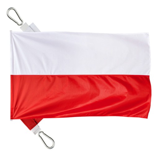 drukowana flaga RP 160x100 cm, czerwony pas nadrukowany, brak szwu pośrodku, lewy bok wzmocniony taśmą, góra i dół uszka z taśmy, w nich 2 karabinki stalowe INOX, na dole dodatkowe uszko do ciężarka, ekspozycja flagi na maszcie flagowym – flaga paradna