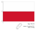 zszywana flaga RP 160x100 cm, dwa pasy zszyte szwem krytym francuskim, lewy bok wzmocniony taśmą, wszyte 3 uszka z taśmy, w nich 3 plastikowe karabinki, na dole uszko z D-Ringiem, ekspozycja na maszcie flagowym