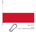 zszywana flaga RP 160x100 cm, dwa pasy zszyte szwem krytym francuskim, lewy bok wzmocniony taśmą, góra i dół uszka z taśmy, w nich 2 karabinki stalowe INOX , na dole dodatkowe uszko do ciężarka, ekspozycja flagi na maszcie flagowym – flaga paradna
