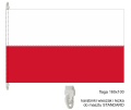 drukowana flaga RP 160x100 cm, czerwony pas nadrukowany, brak szwu pośrodku, lewy bok wzmocniony taśmą, góra i dół 2 uszka, w nich 2 plastikowe karabinki typu wieszak , ekspozycja flagi na maszcie flagowym