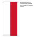 satynowa flaga typu MAPA, dwa pasy zszyte szwem krytym francuskim, góra i dół tunele otwarte na rurki drewniane średnicy 25 mm, zawiesie z linki PA/PA 5 mm