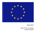 drukowana flaga UE 80x50 cm, dzianina poliestrowa, brzegi podwójnie stębnowane nićmi w kolorze flagi, na lewym boku tunel 4 cm na płasko zaszyty od góry, ekspozycja na drewnianym drzewcu