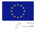 drukowana flaga UE 160x100 cm, dzianina poliestrowa, brzegi podwójnie stębnowane nićmi w kolorze flagi, lewy bok wzmocniony taśmą, nabite 3 metalowe nierdzewne oczka, w nich 3 plastikowe karabinki, ekspozycja na maszcie flagowym