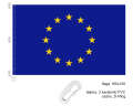 drukowana flaga UE 160x100 cm, dzianina poliestrowa, brzegi podwójnie stębnowane nićmi w kolorze flagi, lewy bok wzmocniony taśmą, wszyte 3 uszka z taśmy, w nich 3 plastikowe karabinki, na dole uszko z D-Ringiem, ekspozycja na maszcie flagowym