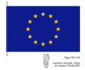 drukowana flaga UE 160x100 cm, dzianina poliestrowa, brzegi podwójnie stębnowane nićmi w kolorze flagi, lewy bok wzmocniony taśmą, góra i dół 2 uszka, w nich 2 plastikowe karabinki typu wieszak, ekspozycja na maszcie flagowym