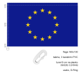 drukowana flaga UE 160x100 cm dzianina poliestrowa, brzegi podwójnie stębnowane nićmi w kolorze flagi, lewy bok wzmocniony taśmą, 3 uszka, 3 plastikowe karabinki, na górze tunel do windtrackera, na dole uszko z D-Ringiem, ekspozycja na maszcie flagowym
