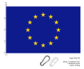 drukowana flaga UE 304x190 cm, dzianina poliestrowa, brzegi podwójnie stębnowane nićmi w kolorze flagi, lewy bok wzmocniony taśmą, 5 uszek z taśmy, górny karabinek stalowy, pozostałe plastikowe, na dole uszko z D-Ringiem, ekspozycja na maszcie flagowym