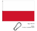 zszywana flaga RP 160x100 cm, dwa pasy zszyte szwem krytym francuskim, lewy bok wzmocniony taśmą, nabite 3 metalowe nierdzewne oczka, w nich 3 karabinki stalowe INOX, ekspozycja flagi na maszcie flagowym