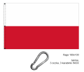 drukowana flaga RP 160x100 cm, czerwony pas nadrukowany, brak szwu pośrodku, lewy bok wzmocniony taśmą, nabite 3 metalowe nierdzewne oczka, w nich 3 karabinki stalowe INOX, ekspozycja flagi na maszcie flagowym