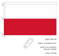 drukowana flaga RP 160x100 cm, czerwony pas nadrukowany, brak szwu pośrodku, lewy bok wzmocniony taśmą, wszyte 3 uszka z taśmy, w nich 3 plastikowe karabinki, na górze tunel do windtrackera, na dole uszko z D-Ringiem, ekspozycja na maszcie flagowym