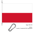 drukowana flaga RP 160x100 cm, czerwony pas nadrukowany, brak szwu pośrodku, lewy bok wzmocniony taśmą, góra i dół uszka z taśmy, w nich 2 karabinki stalowe INOX, na dole dodatkowe uszko do ciężarka, ekspozycja flagi na maszcie flagowym – flaga paradna