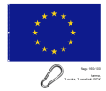 drukowana flaga UE 160x100 cm, dzianina poliestrowa, brzegi podwójnie stębnowane nićmi w kolorze flagi, lewy bok wzmocniony taśmą, nabite 3 metalowe nierdzewne oczka, w nich 3 karabinki stalowe INOX, ekspozycja na maszcie flagowym