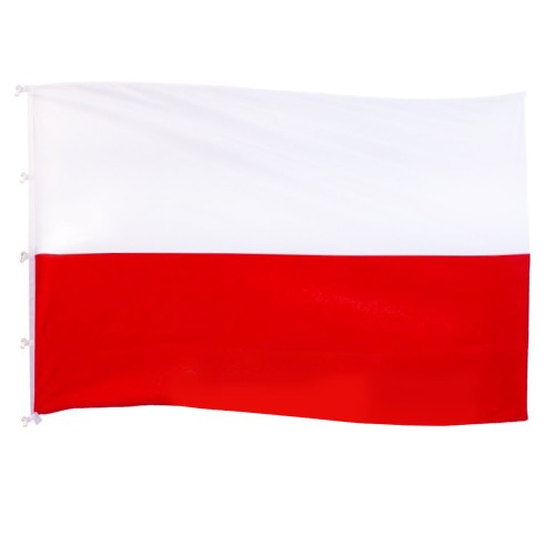 drukowana flaga RP 240x150 cm, czerwony pas nadrukowany, brak szwu pośrodku, lewy bok wzmocniony taśmą, wszyte 5 uszek z taśmy, w nich 5 plastikowych karabinków, na dole uszko z  D-Ringiem, ekspozycja na maszcie flagowym