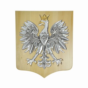 Orzeł srebrny 40x45cm na tarczy bukowej jasnej 50x55cm