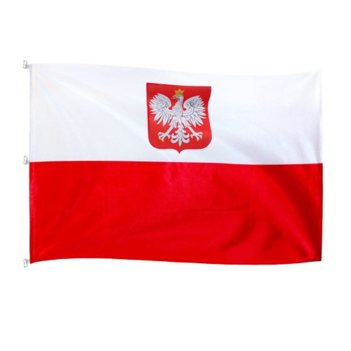 bandera RP 200x125 cm, drukowana flaga RP z godłem, czerwony pas i godło nadrukowany, brak szwu pośrodku, lewy bok wzmocniony taśmą, wszyte 3 uszka z taśmy, w nich 3 plastikowe karabinki, na dole uszko z D-Ringiem, ekspozycja na maszcie flagowym