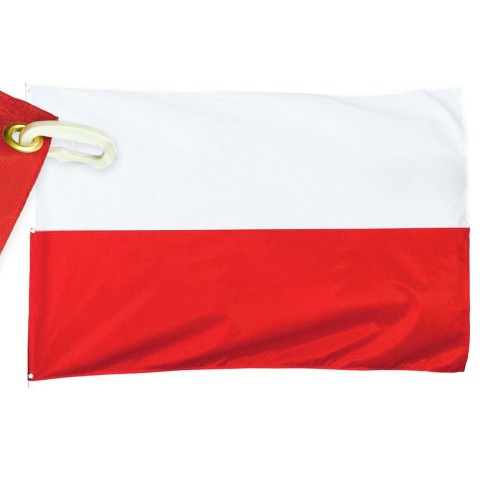 drukowana flaga RP 160x100 cm, czerwony pas nadrukowany, brak szwu pośrodku, lewy bok wzmocniony taśmą, nabite 3 metalowe nierdzewne oczka, w nich 3 plastikowe karabinki, ekspozycja flagi na maszcie flagowym